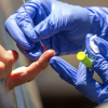 A health worker takes a blood sample for a COVID-19 antibody test in Los Angeles on May 20, 2020. (AP)